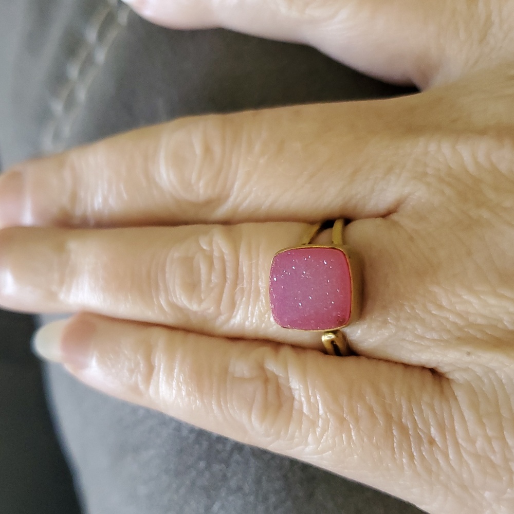 Pink Druzy Quartz Ring – Adjustable Brushed Gold-Toned Bezel Set Statement Ring - Picture 3 of 7